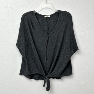 Easel Gray Waffle Knit Short Sleeve Tie Front Top